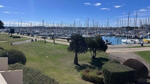 A marina with numerous sailboats docked, a grassy area with trees, and a clear blue sky.