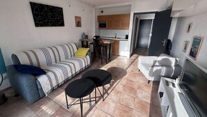 A compact living space with a sofa, a dining table, a TV, and a kitchen area.