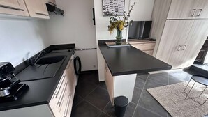 A modern kitchen with a black countertop, stainless steel appliances, and light wood cabinets. - Air-conditioned Studio-Cabin for 4 pers. with private parking, near beach in Port Camargue (Le Grau-du-Roi)