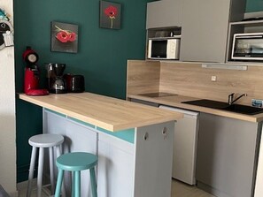 Mikrowelle, Ofen, Herdplatte, Wasserkocher mit Kaffee-/Teezubehör