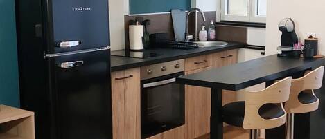 Fridge, microwave, dining tables