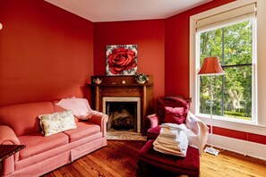 TV connectée, cheminée, livres