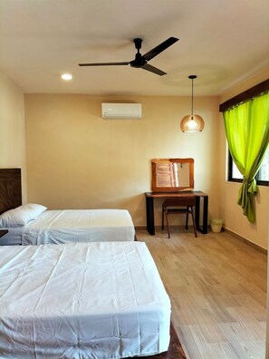 Desk, laptop workspace, free WiFi, bed sheets