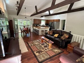 Smart TV, fireplace, books