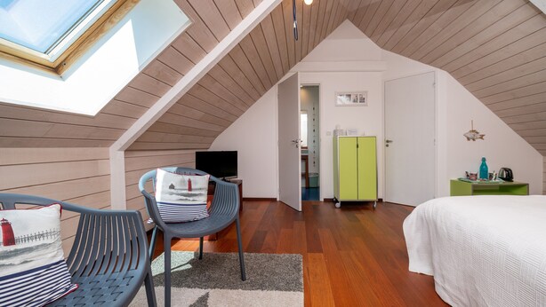 A bedroom with a sloped ceiling, a bed, a desk with a chair, a television, and a wardrobe. - Guest Room 'Campanule' with Shared Pool, Terrace, and Wi-Fi (Arzano)