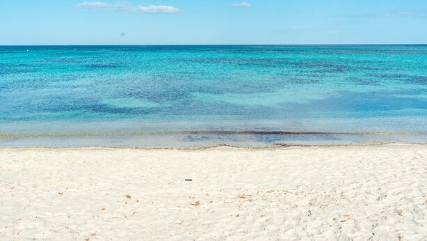 Una playa con aguas turquesas cristalinas y arena blanca.