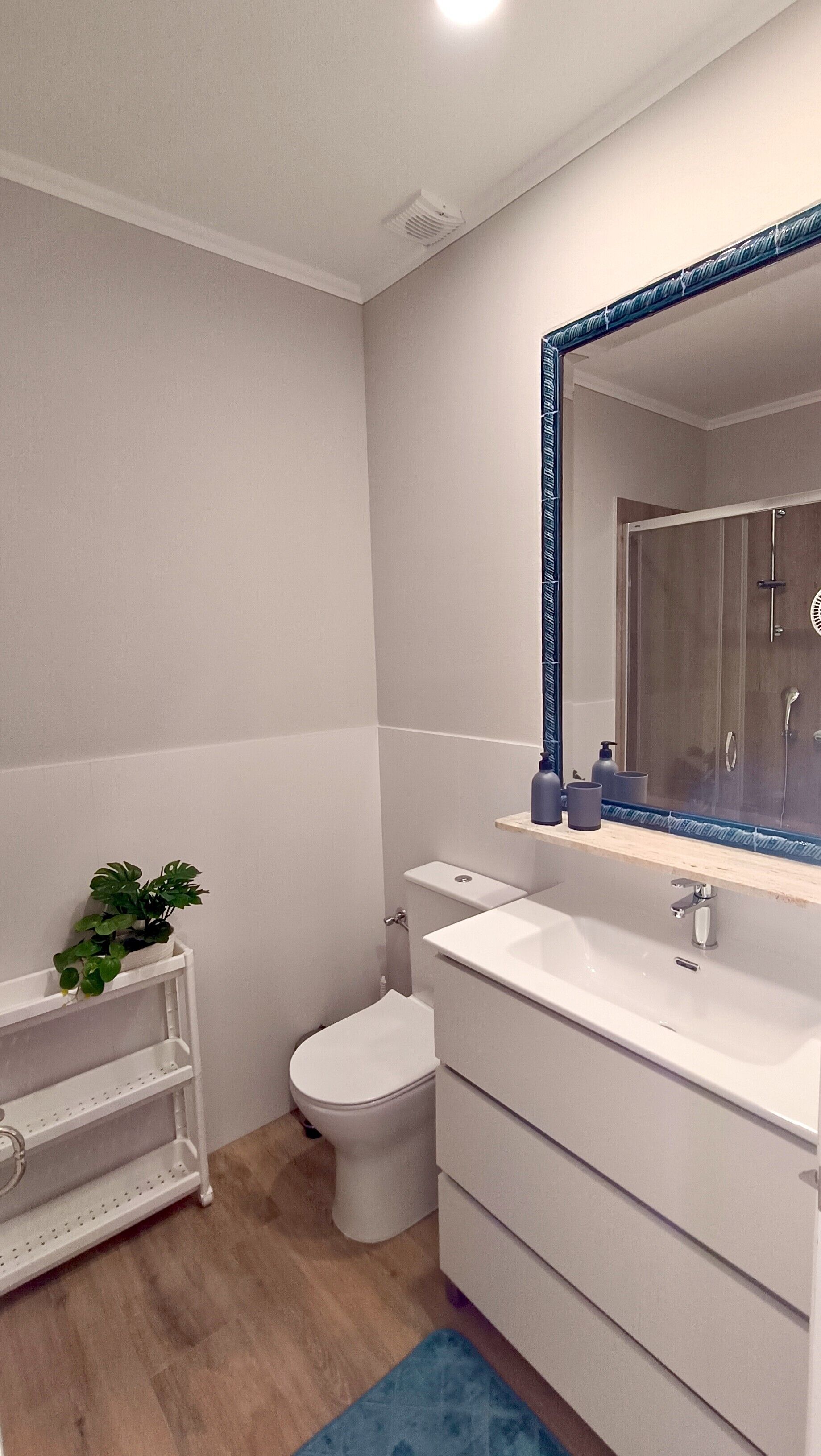 Een badkamer met een wit toilet, een wastafel met een blauwe spiegel en een douchecabine.