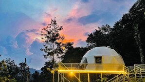 A geodesic dome structure with a balcony and stairs, surrounded by trees and a sunset sky. - Domestay with Mountain View - Gateway of Munnar (Munnar)