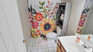 Hair dryer, towels, soap, toilet paper