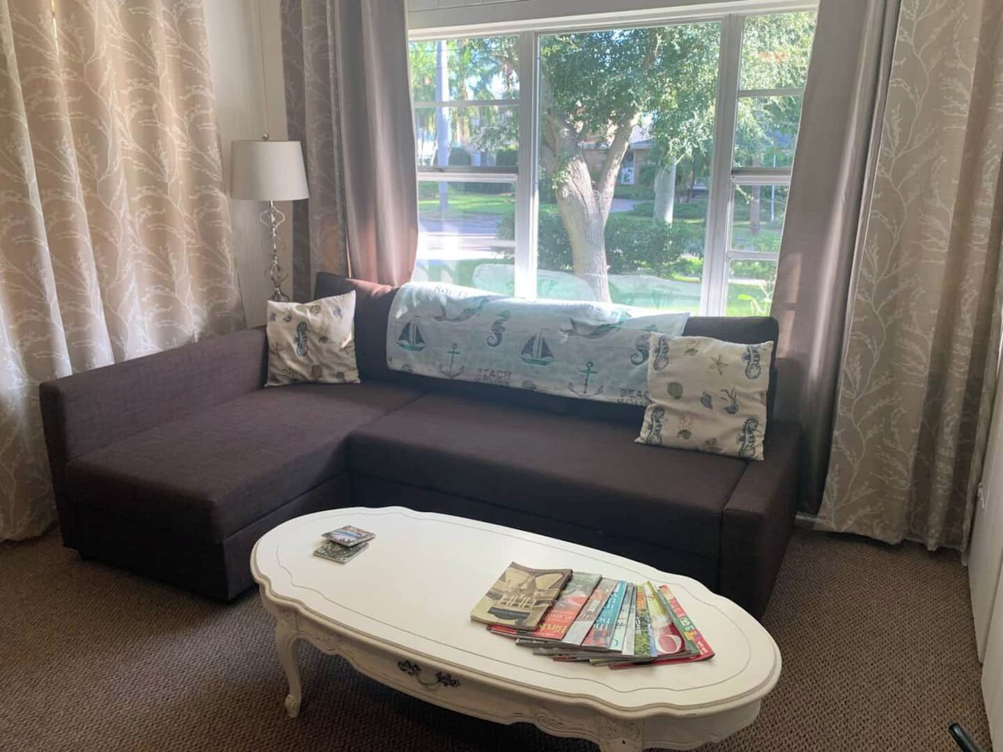Una sala de estar con un sofá marrón oscuro, una mesa de centro blanca con revistas, y vistas a un árbol y vegetación a través de una ventana.