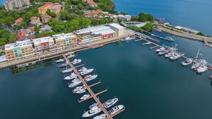 Vista aérea de un puerto deportivo con numerosas embarcaciones amarradas, rodeado de edificios coloridos y exuberante vegetación.