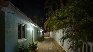 Un sendero estrecho bordeado por un edificio azul claro y una valla blanca, con plantas pequeñas y palmeras a lo largo del camino.