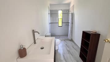 A modern bathroom with a bathtub, toilet, and shower.