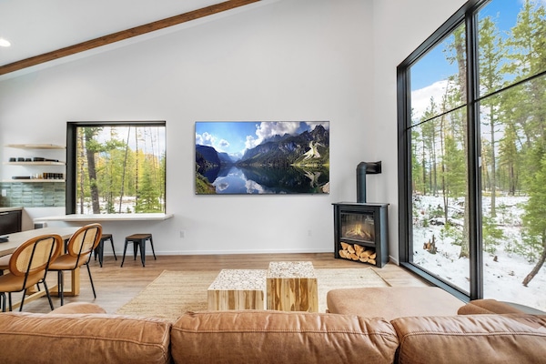 Smart TV, chimenea y libros