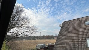 Un jardin arrière d’une maison, avec une pelouse, un abri de jardin et une antenne parabolique.