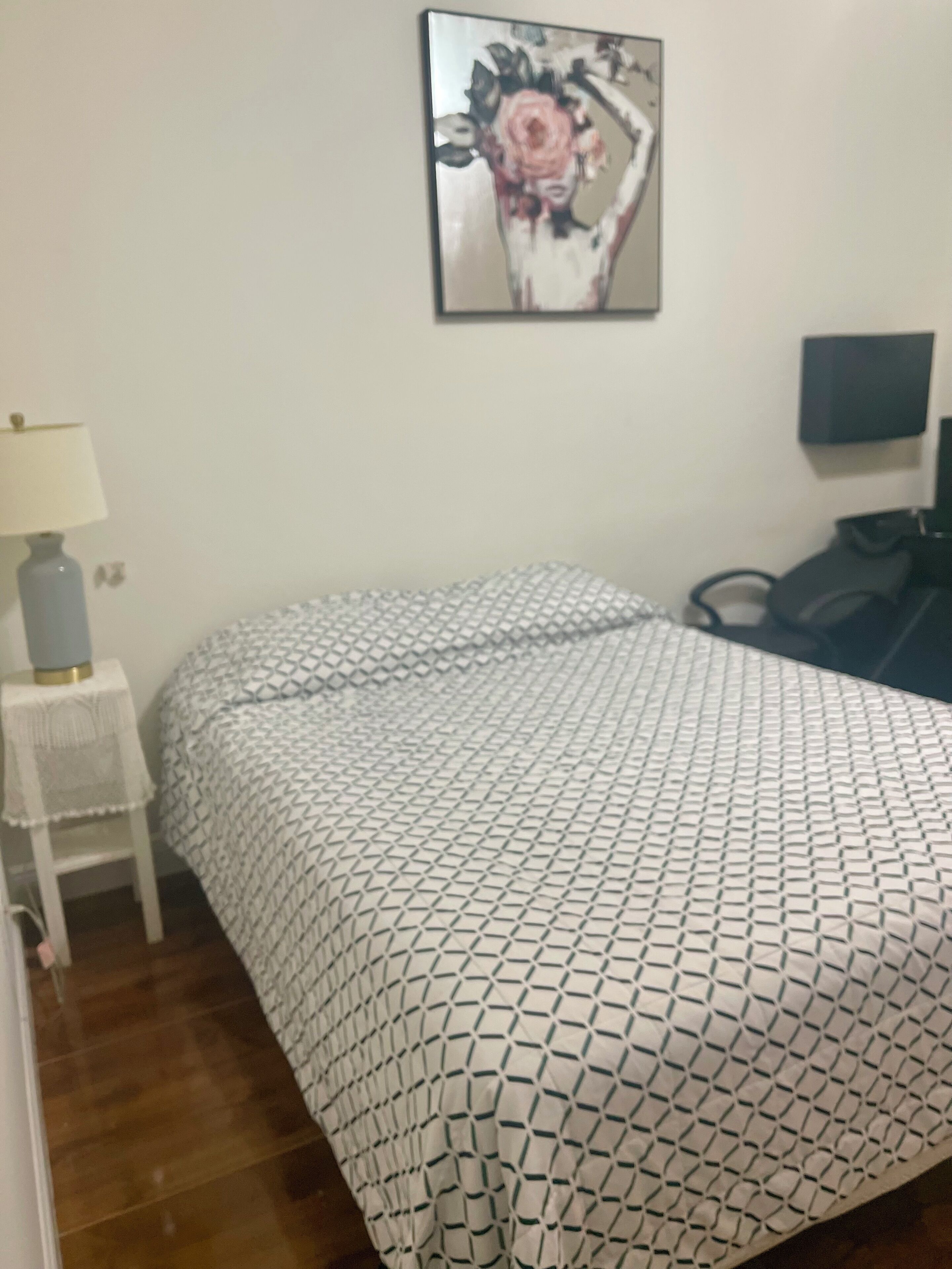 A bedroom with a patterned bedspread, a bedside table with a lamp, and a wall-mounted artwork.