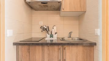 Kühlschrank, Mikrowelle, Herdplatte, Wasserkocher mit Kaffee-/Teezubehör