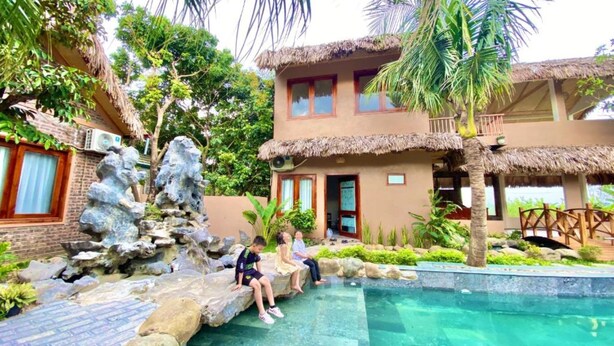 A pool area with clear water, surrounded by rocks and plants, and a building with a thatched roof. - Lemon Tree Homestay Tam Coc (Nam Hoa Lu)