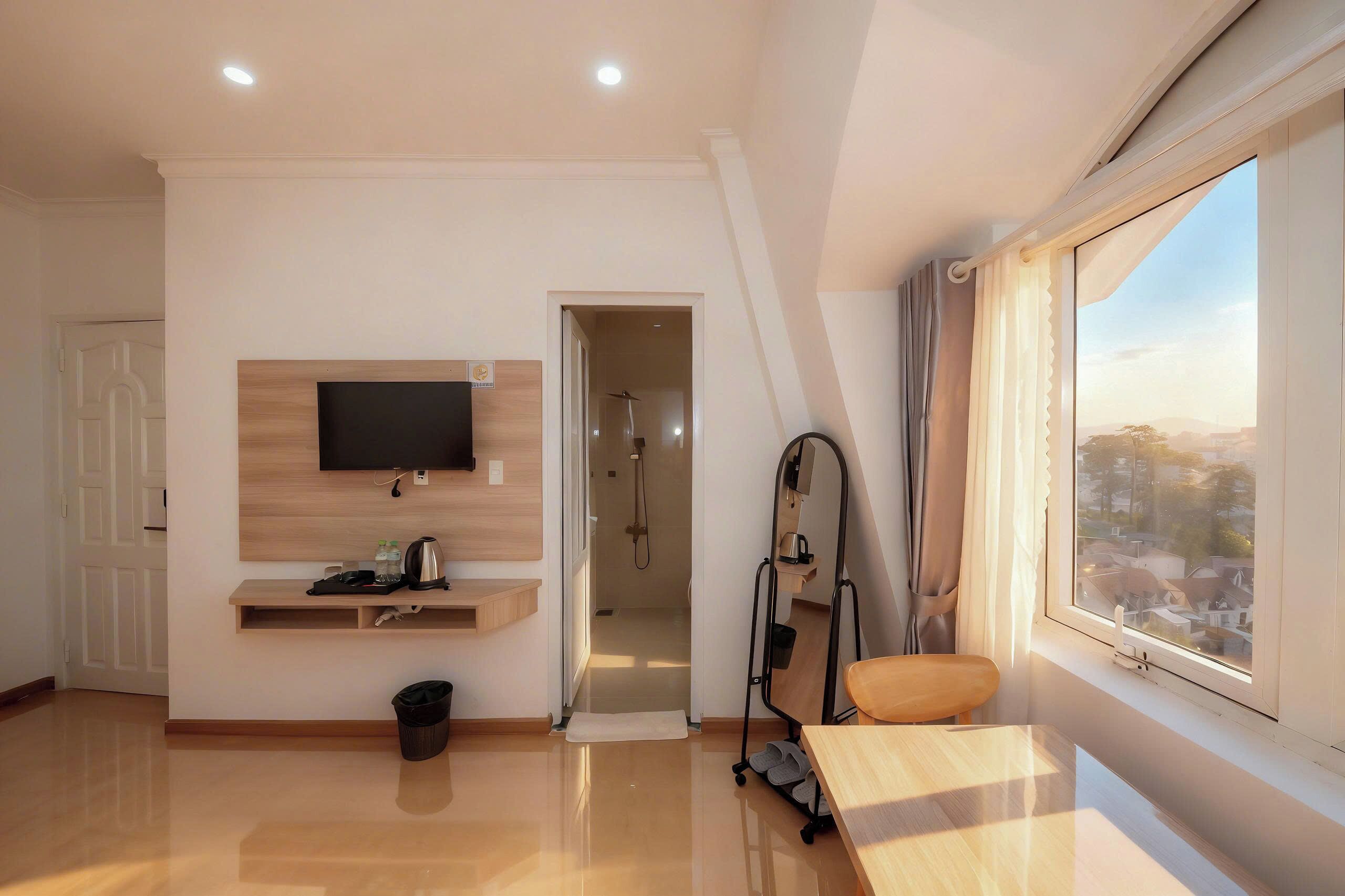 A modern hotel room with a flat-screen TV, a wooden shelf, a small table, a chair, a window with a city view, and a shower area.