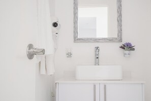 Hair dryer, towels, soap, toilet paper