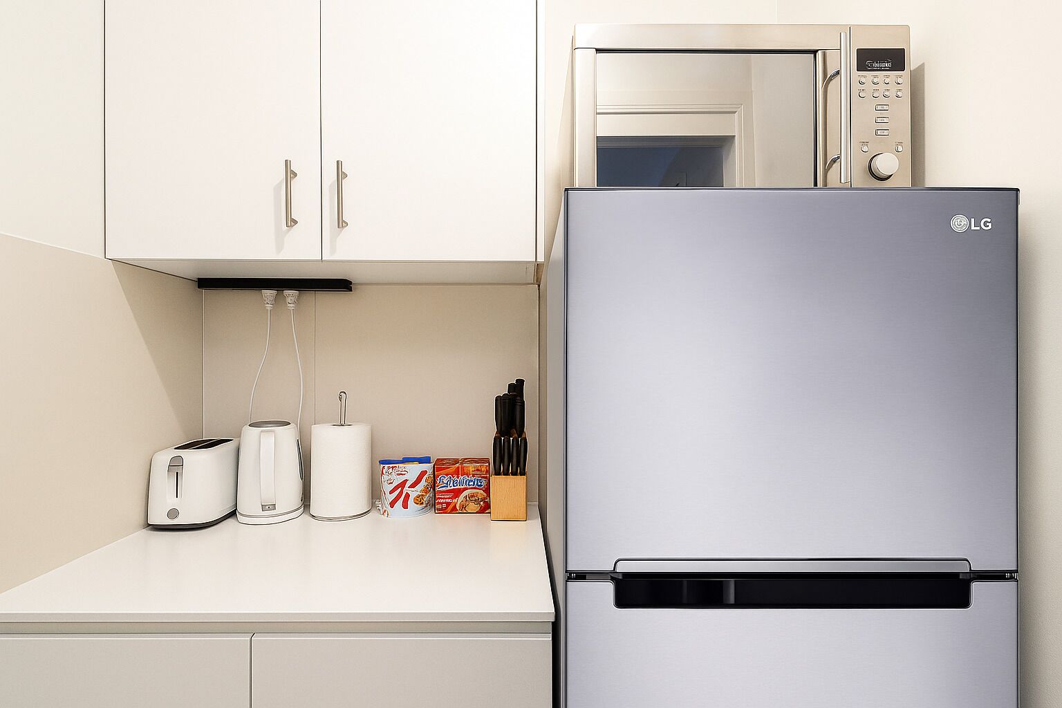 A modern kitchen with a stainless steel refrigerator, a microwave, and a toaster.
