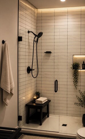 Une salle de bain moderne avec une douche à parois de verre, un porte-serviettes, une petite table avec une bougie et une plante, et des toilettes.