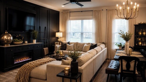 Una sala de estar con sofá, chimenea, televisor y comedor.