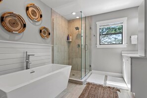 Eco-friendly toiletries, hair dryer, towels, soap