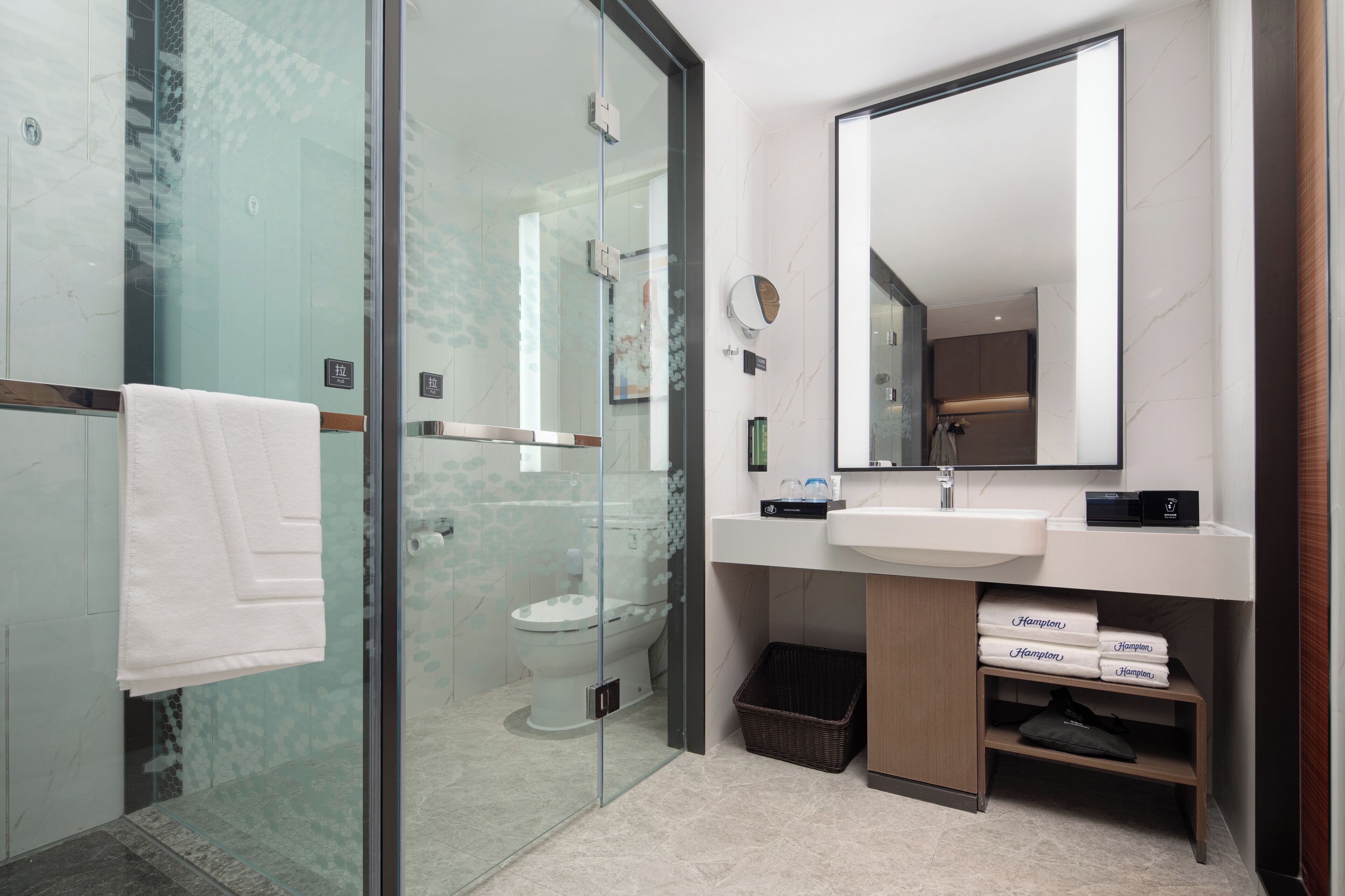 Une salle de bain moderne avec une douche à l’italienne en verre, un lavabo blanc et un miroir au-dessus.