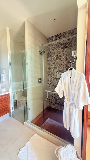 Shower, towels, soap, toilet paper