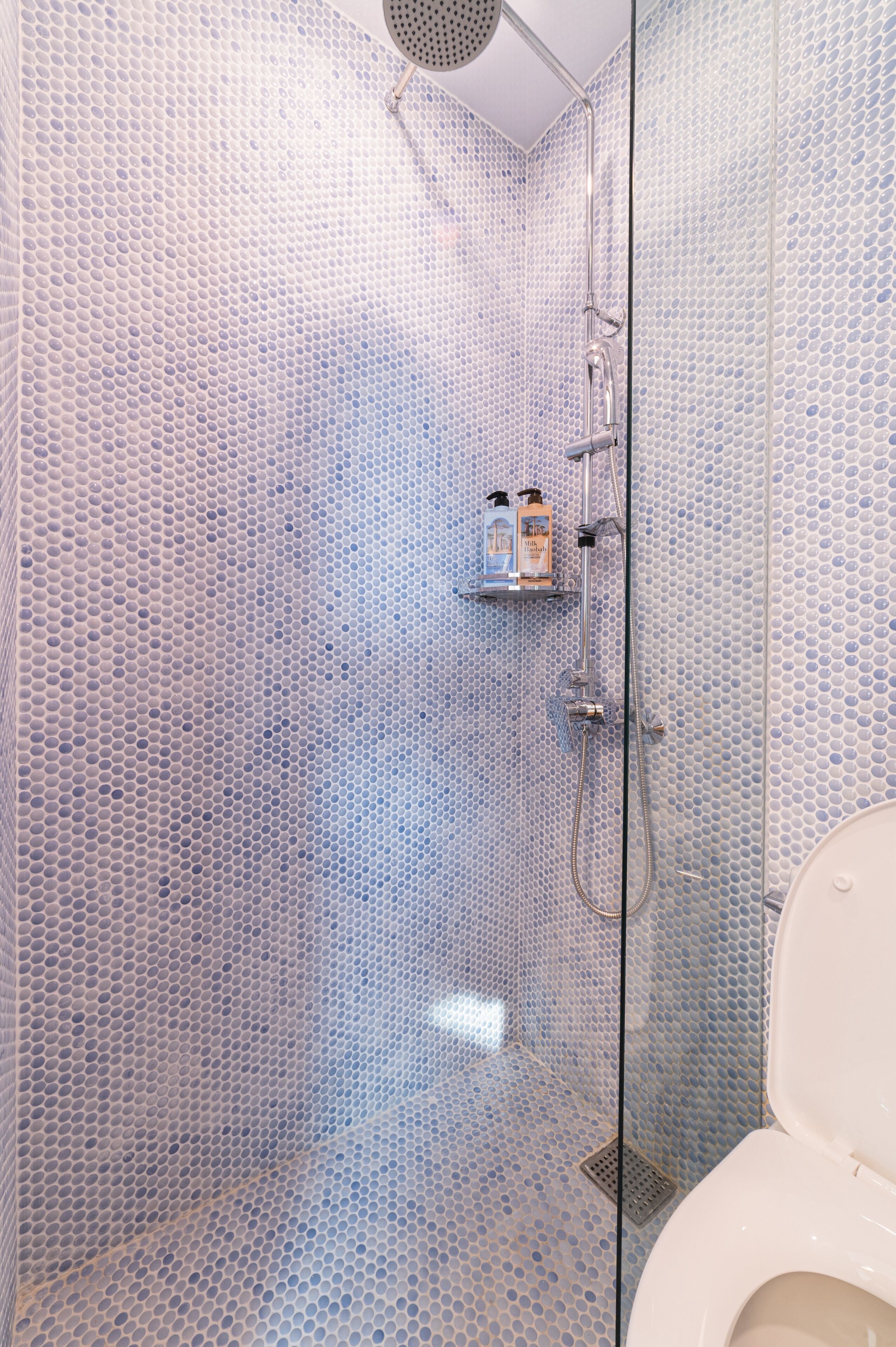 A bathroom with a perforated tile wall, a shower with a handheld showerhead, and a toilet.