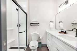 A modern bathroom with a glass shower enclosure, a white toilet, a vanity with a mirror, and a sink.