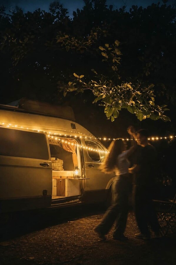 A vehicle with a covered area, string lights, and a person in motion. - VAN Longani (Le Tampon)