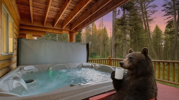En björn sitter på en solstol bredvid ett varmt badkar, med en träveranda och utsikt över en skog.