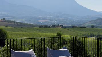A balcony with two grey cushioned seating areas and a view of a mountain range.