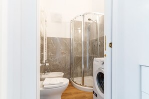 Shower, hair dryer, bidet, towels