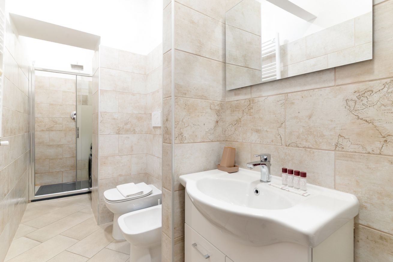 Shower, hair dryer, bidet, towels