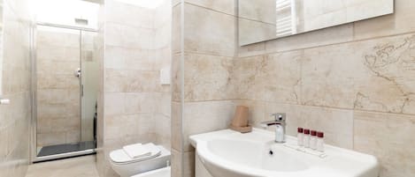 Shower, hair dryer, bidet, towels