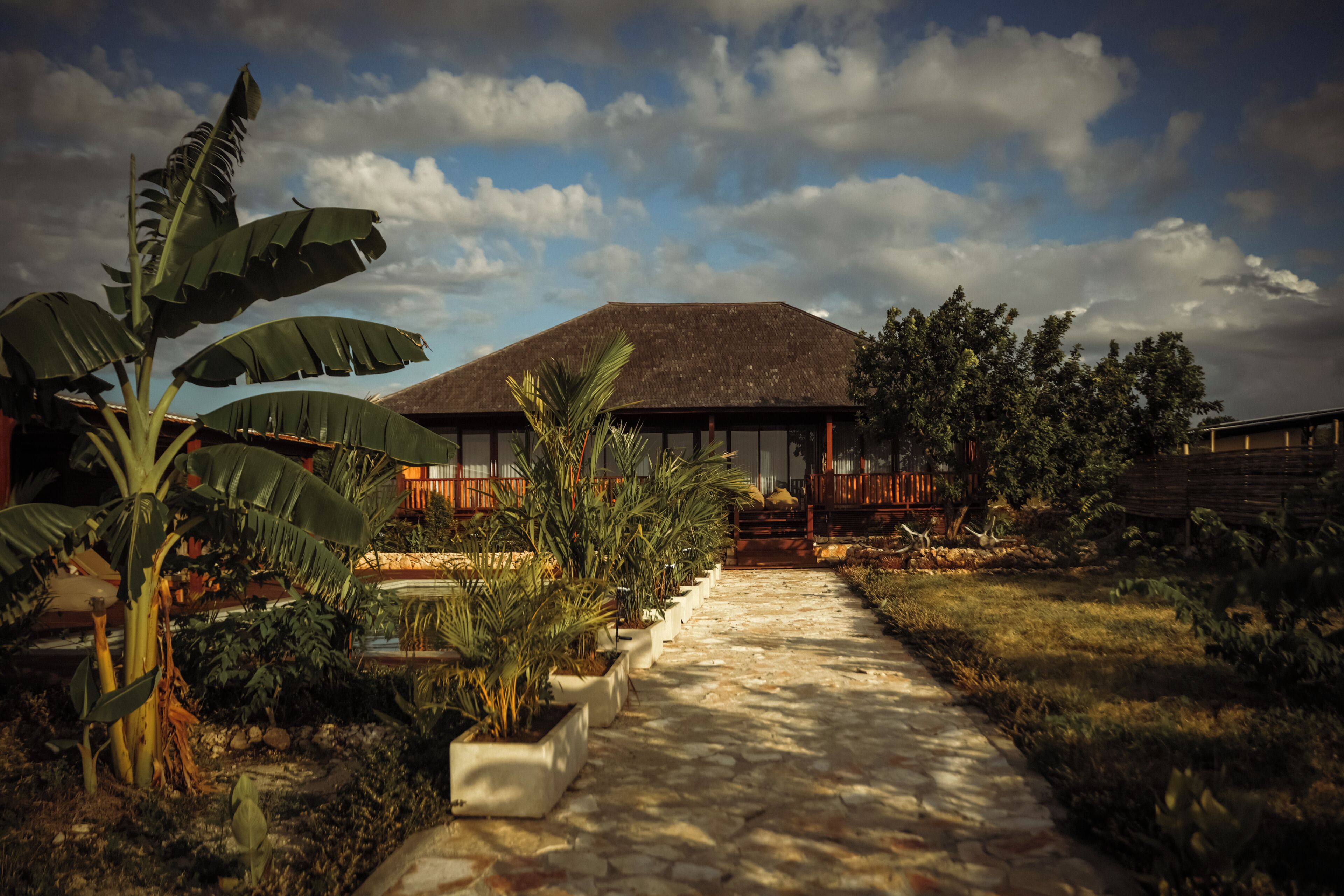 Una casa con techo de paja, rodeada de plantas tropicales y un camino de piedra que conduce a la entrada.
