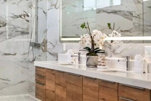 Shower, hair dryer, towels