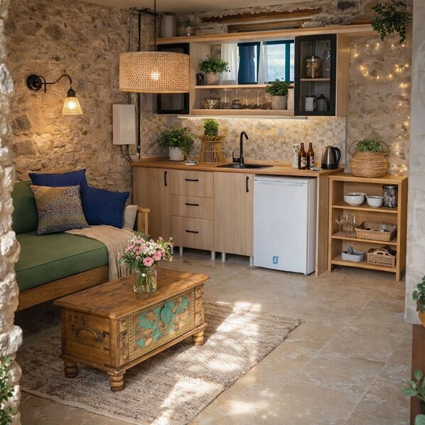 A cozy kitchen with a stone wall, wooden cabinets, and a built-in sink. - FİNTOZ BUTİKA (Karaburun)