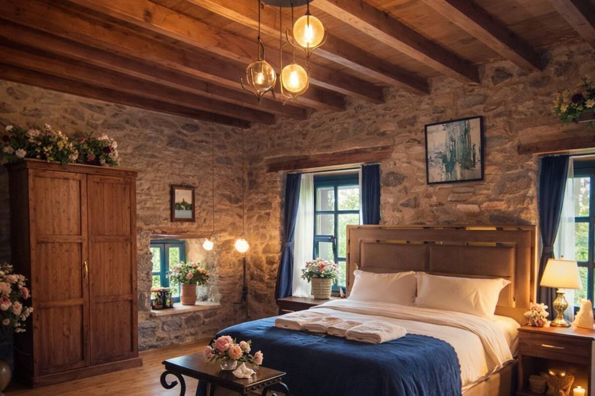 A rustic bedroom with a wooden bed, stone walls, and a large window.