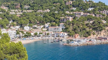 Un pueblo costero con edificios en una ladera, un puerto deportivo con barcos y una playa.