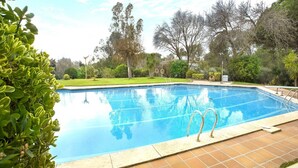 A rectangular swimming pool with a tiled deck, surrounded by well-maintained greenery and trees.