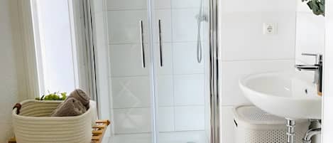 Shower, hair dryer, towels
