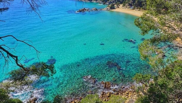 Un paisaje costero con aguas turquesas cristalinas, costas rocosas y vegetación exuberante.