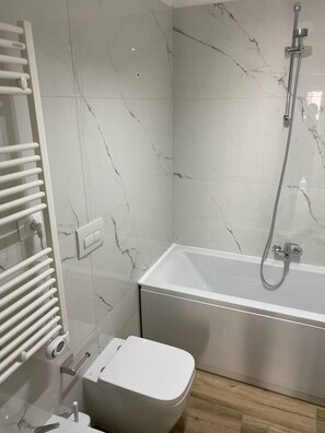 Shower, hair dryer, bidet, towels