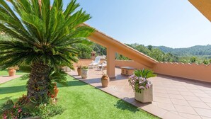 Eine Dachterrasse mit Palme, Topfpflanzen und Gartenmöbeln.