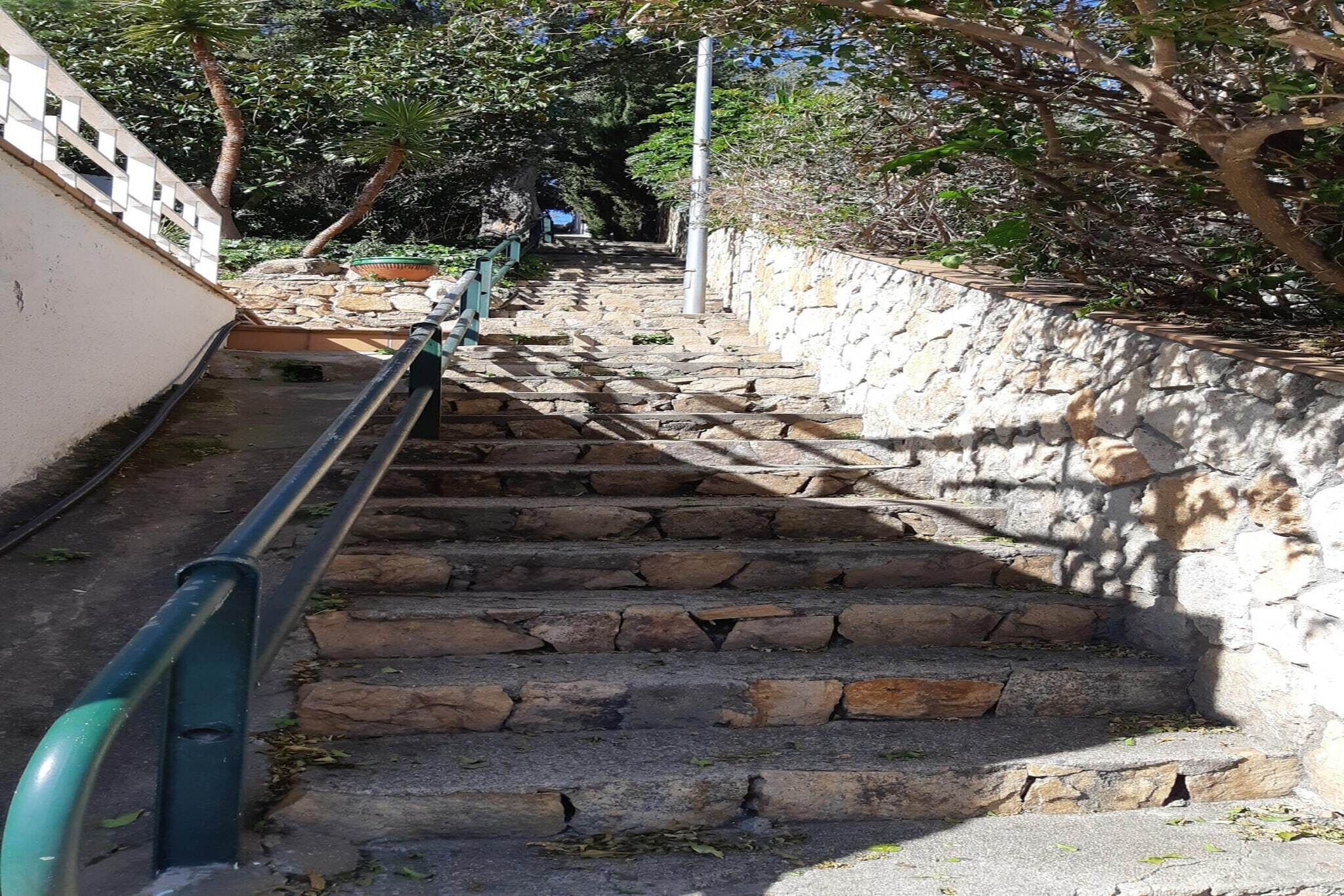 Una escalera de piedra con barandales de metal, rodeada de follaje y un muro de piedra.