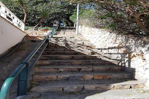 Una escalera de piedra con barandales de metal, rodeada de follaje y un muro de piedra.